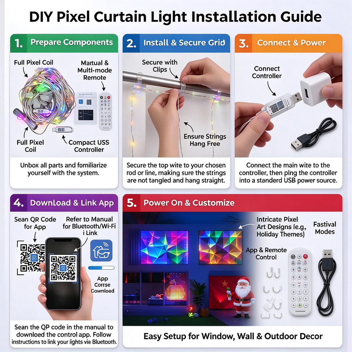 ✨IP65 Waterproof RGBIC Pixel Curtain Lights | App & Music Sync DIY Programmable LED Window Lights