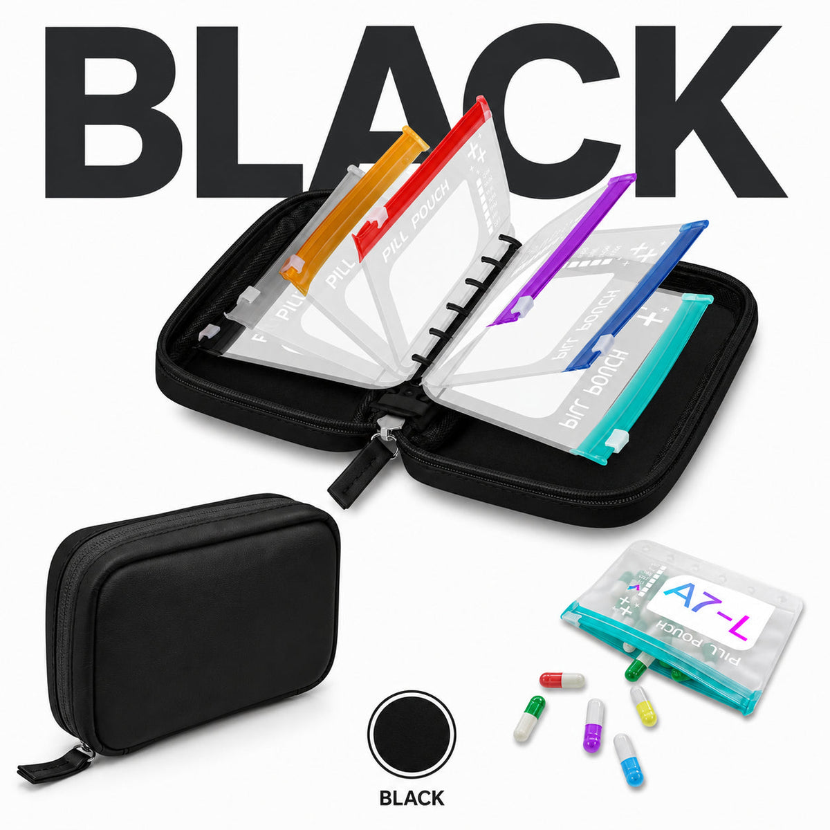 💊14-Pouch Travel Medicine & Supplement Organiser – Removable Colour-Coded Zip Pouches with Binder Case
