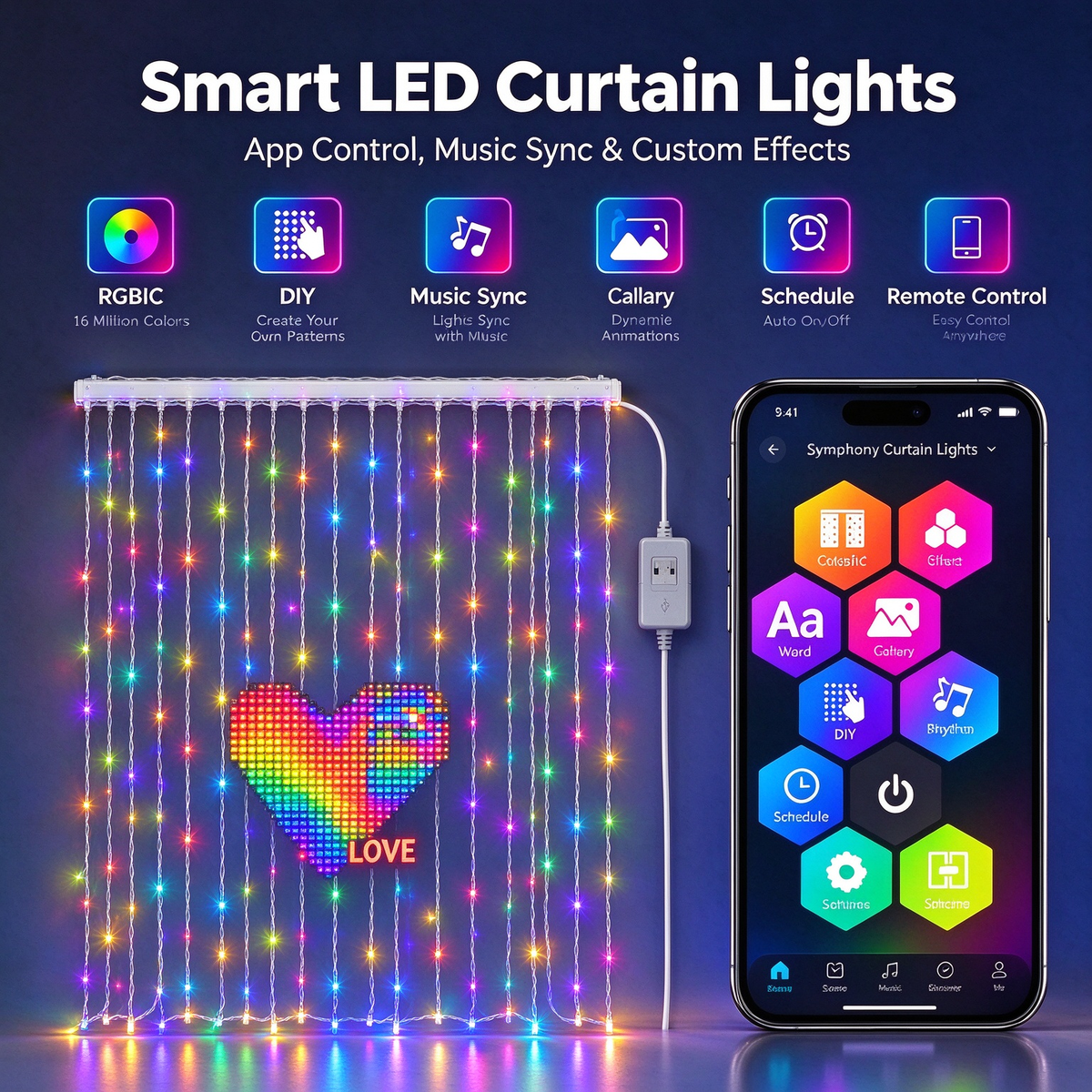 ✨IP65 Waterproof RGBIC Pixel Curtain Lights | App & Music Sync DIY Programmable LED Window Lights