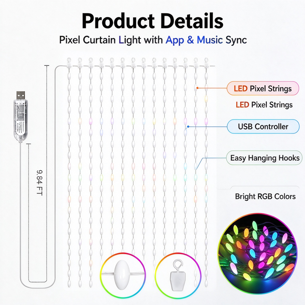 ✨IP65 Waterproof RGBIC Pixel Curtain Lights | App & Music Sync DIY Programmable LED Window Lights