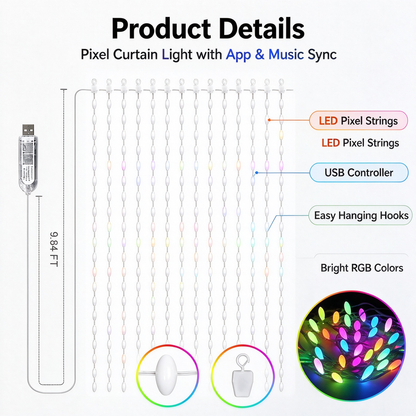 ✨IP65 Waterproof RGBIC Pixel Curtain Lights | App & Music Sync DIY Programmable LED Window Lights