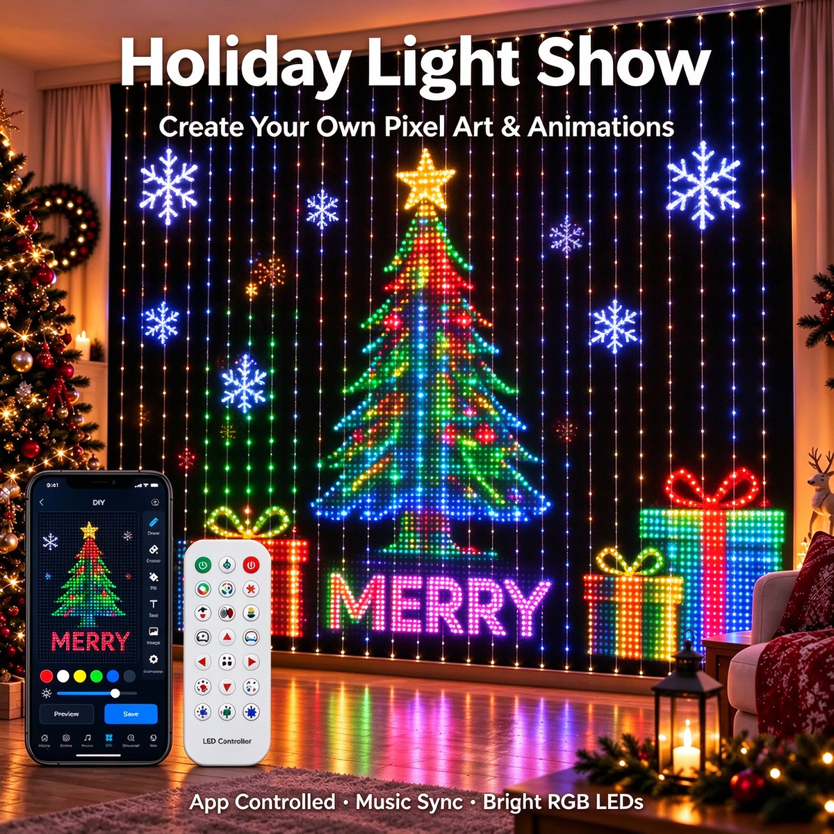 ✨IP65 Waterproof RGBIC Pixel Curtain Lights | App & Music Sync DIY Programmable LED Window Lights